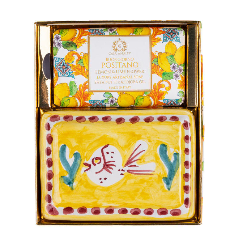 CASA AMALFI SOAPS: Scented Soap Bar with ceramic soap dish - Buongiorno Positano Set - Artistica.com