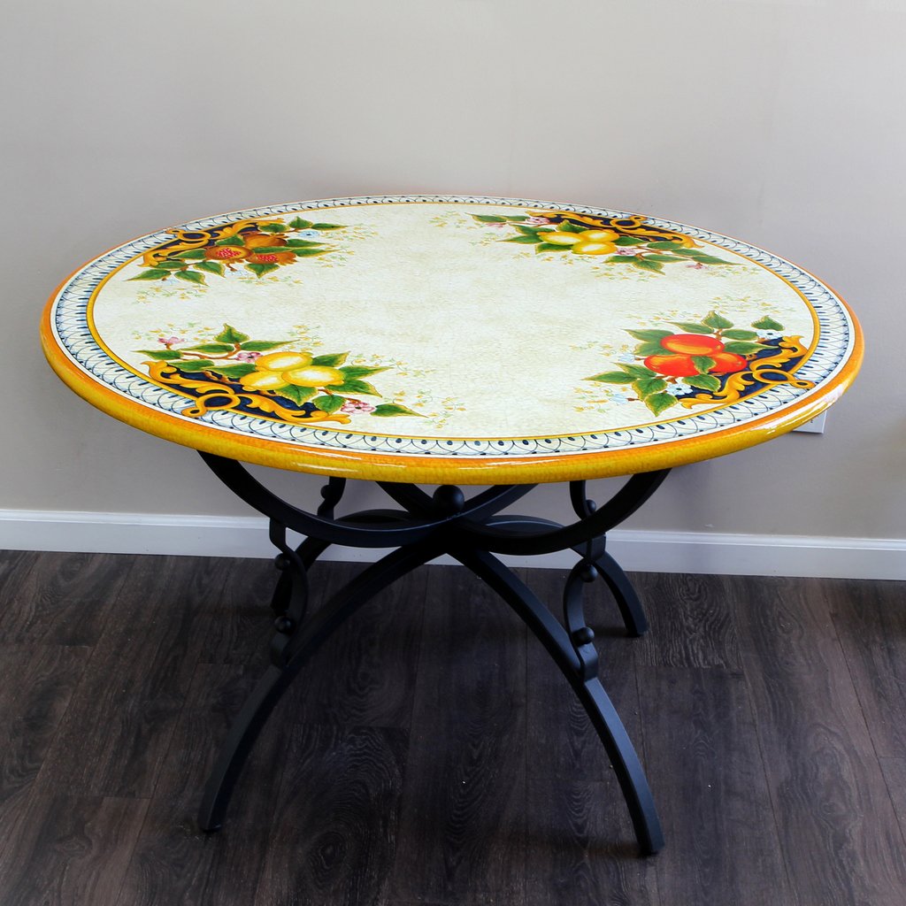 CERAMIC STONE TABLE + IRON BASE: TROPEA Design - Hand Painted in Deruta, Italy. - Artistica.com