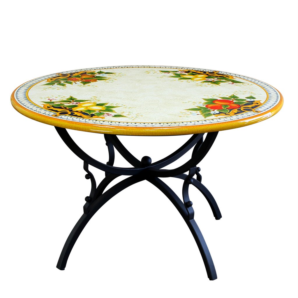 CERAMIC STONE TABLE + IRON BASE: TROPEA Design - Hand Painted in Deruta, Italy. - Artistica.com