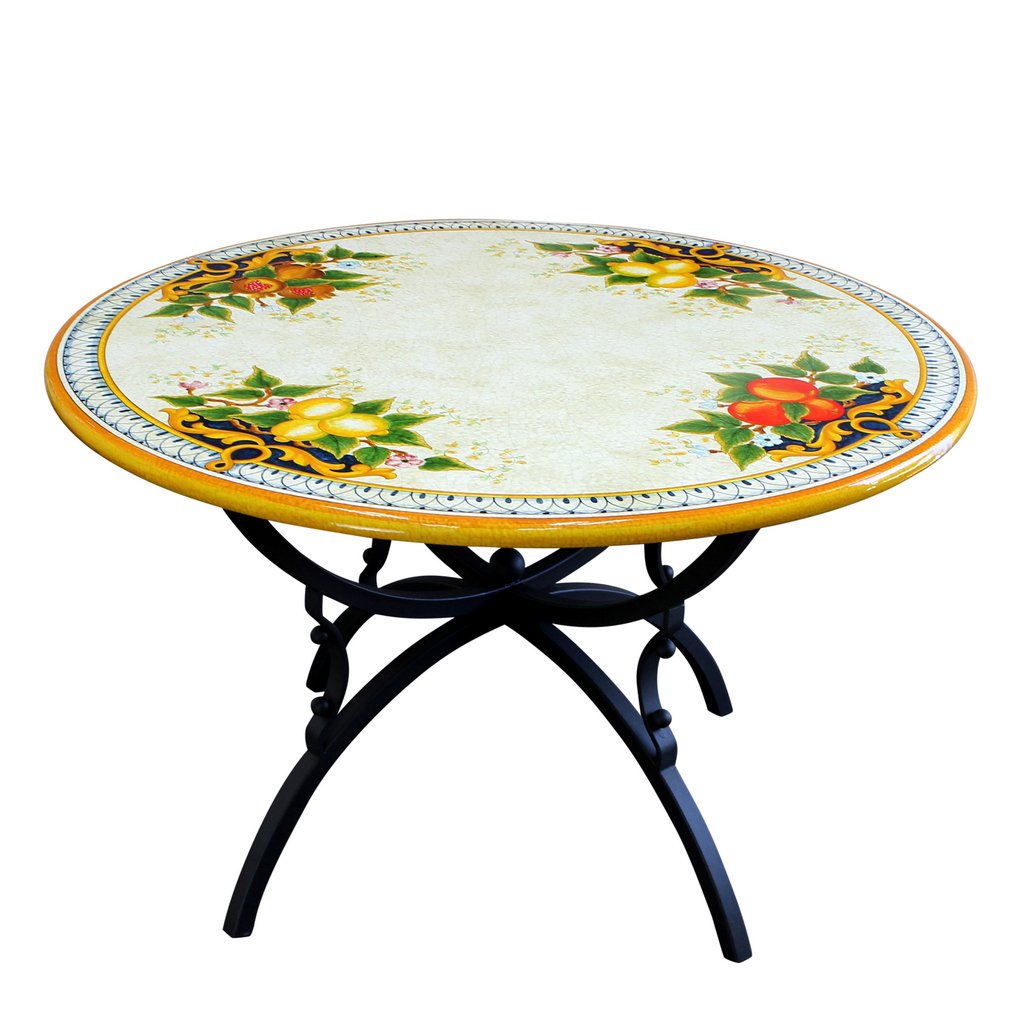 CERAMIC STONE TABLE + IRON BASE: TROPEA Design - Hand Painted in Deruta, Italy. - Artistica.com