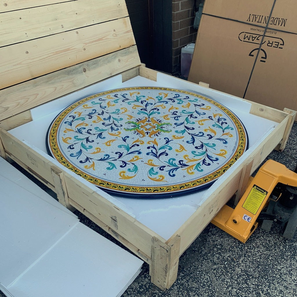 CERAMIC STONE TABLE + IRON BASE: SAN GIMIGNANO Design - Hand Painted in Deruta, Italy. - Artistica.com