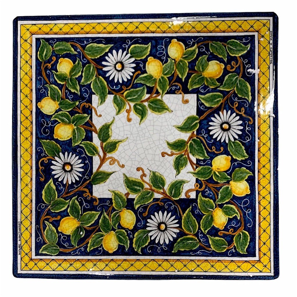 CERAMIC STONE TABLE + IRON BASE: SALERNO Design^ - Hand Painted in Deruta, Italy. - Artistica.com