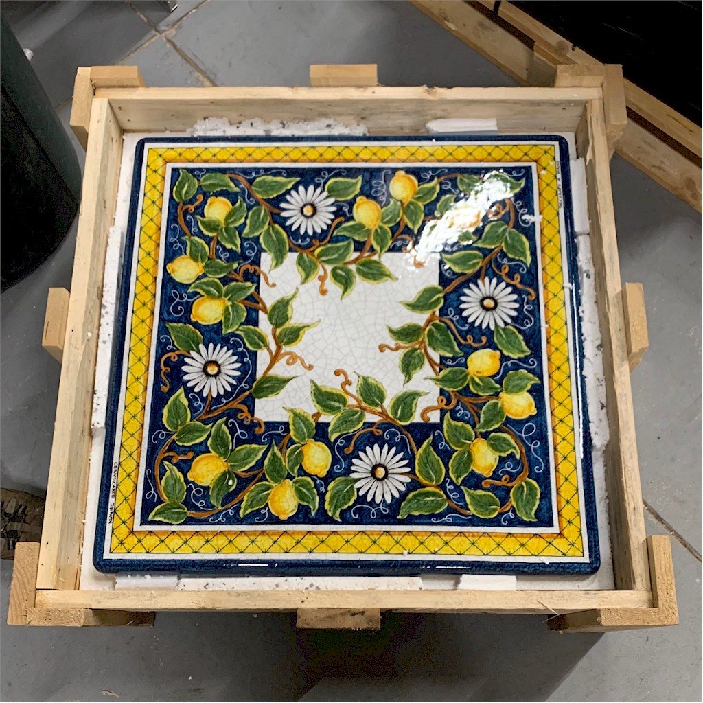 CERAMIC STONE TABLE + IRON BASE: SALERNO Design^ - Hand Painted in Deruta, Italy. - Artistica.com