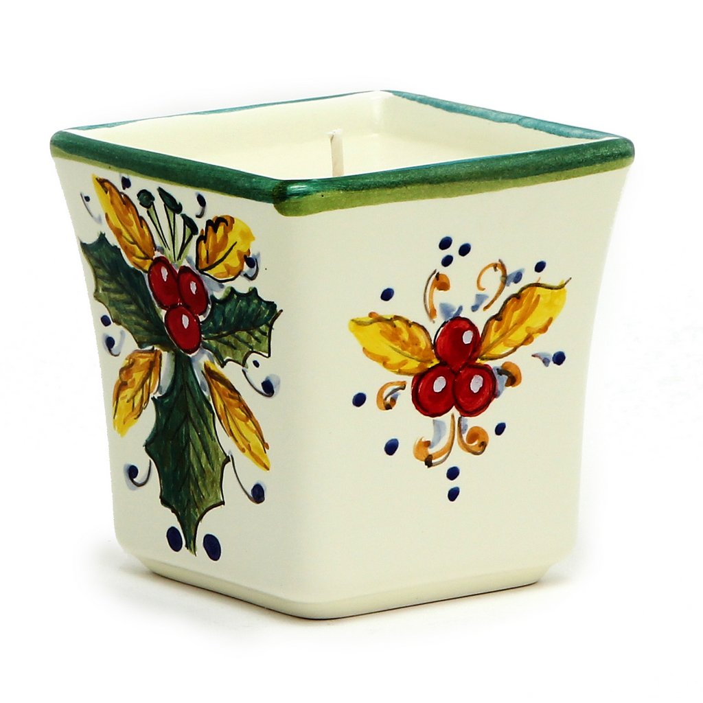 HOLIDAYS DERUTA CANDLES: Square Flared Candle Holly Leaves Design - Artistica.com