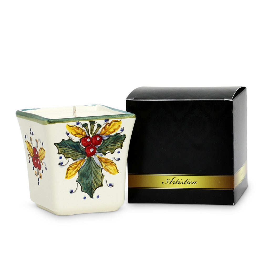 HOLIDAYS DERUTA CANDLES: Square Flared Candle Holly Leaves Design - Artistica.com