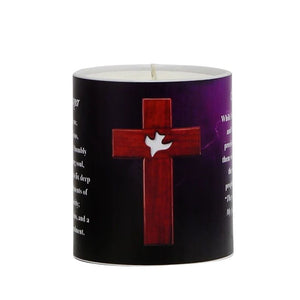 SUBLIMART: Prayer Candle - Porcelain Soy Wax Candle - The Easter Dove Crucifix on Purple Prayer