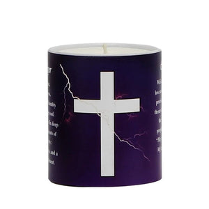SUBLIMART: Prayer Candle - Porcelain Soy Wax Candle - The Easter White Crucifix on Purple Prayer