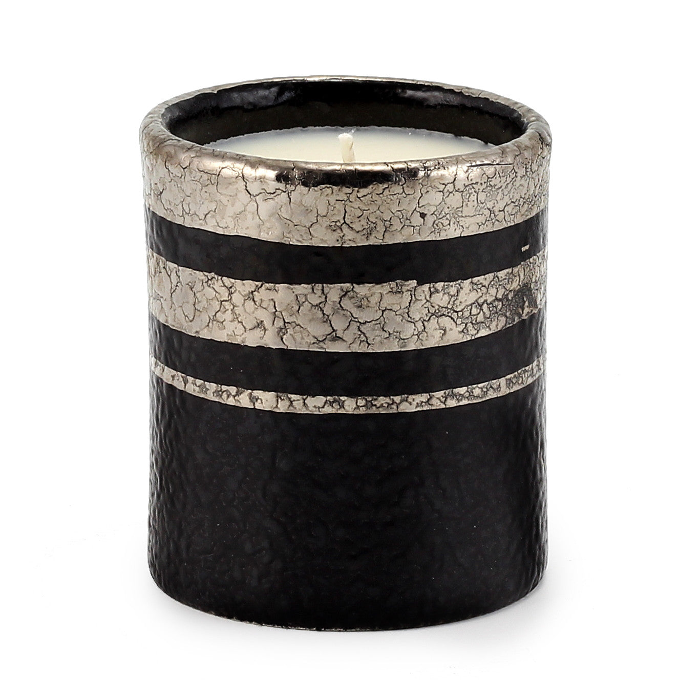 DERUTA MILANO: Candle Black with Hand Painted Pure Platinum Stripes - Artistica.com