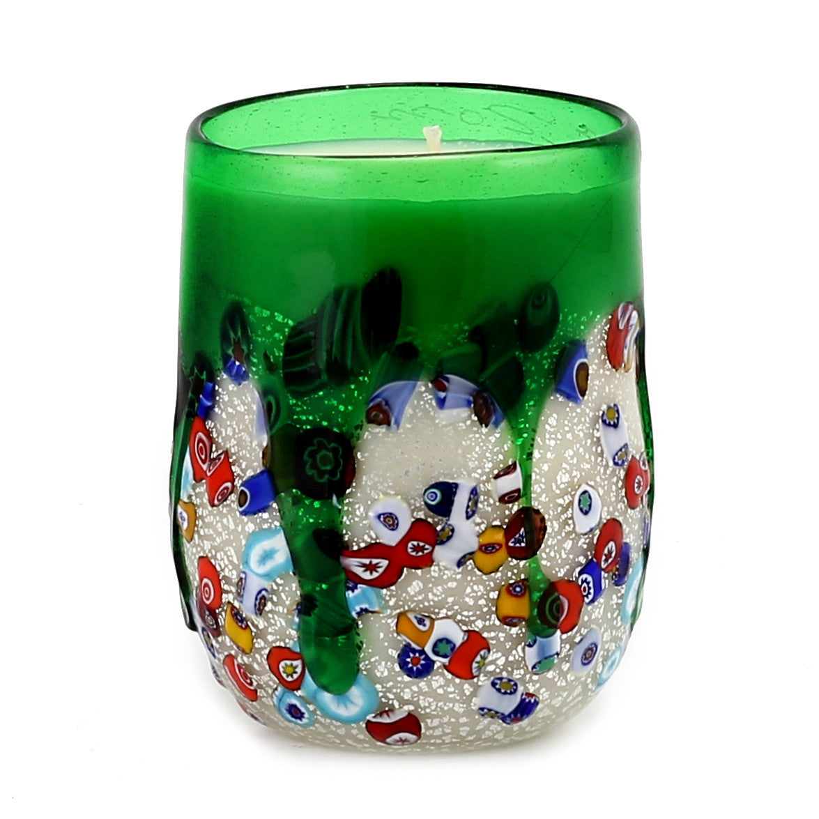 MURANO CANDLE: Authentic Murano Glass Tumbler in GREEN Murrina Style (15 Oz.) - Artistica.com