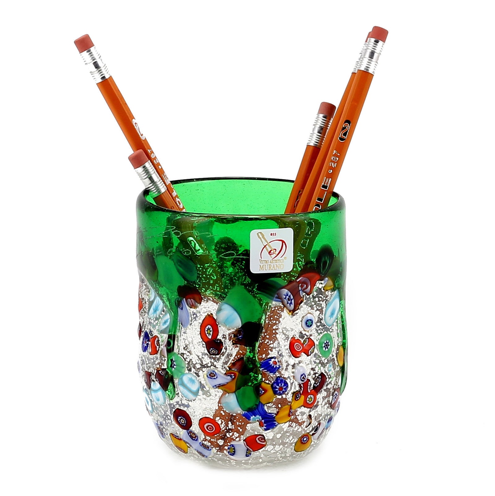 MURANO CANDLE: Authentic Murano Glass Tumbler in GREEN Murrina Style (15 Oz.) - Artistica.com