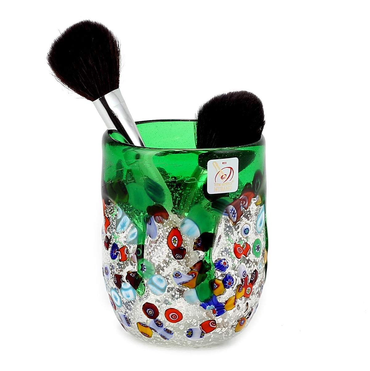MURANO CANDLE: Authentic Murano Glass Tumbler in GREEN Murrina Style (15 Oz.) - Artistica.com