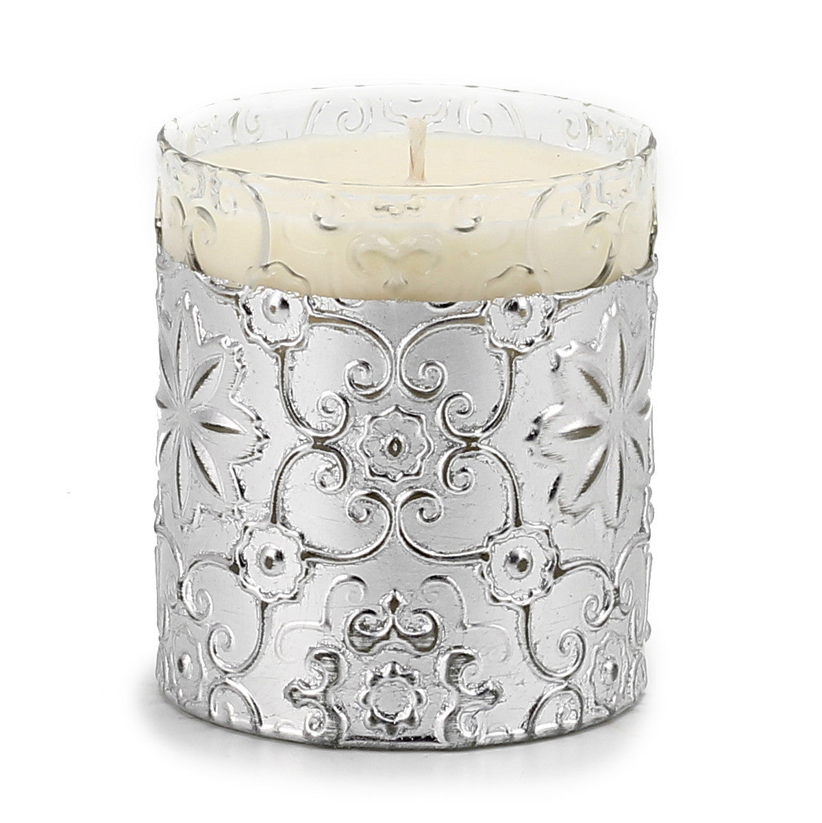 CRYSTAL CANDLES: Bass relief Design with Silver Leaf finish ~ (10 Oz) - Artistica.com