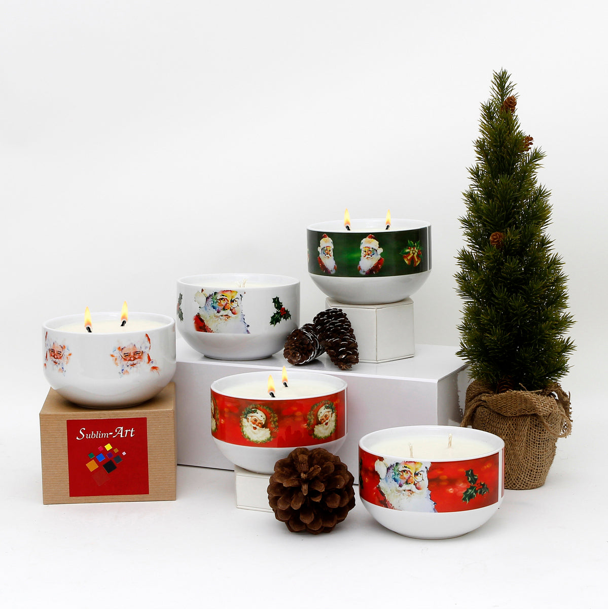 SUBLIMART: Two Wicks Soy Wax Candle in a Porcelain Bowl - Santa Claus (Design #XMS05)