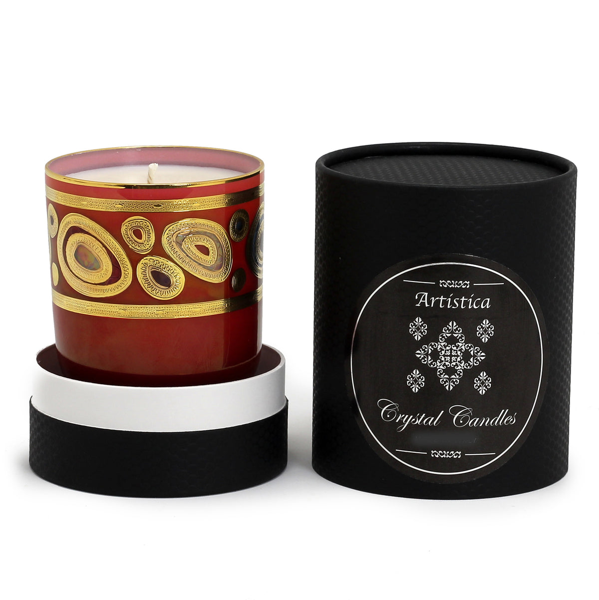 CRYSTAL CANDLES: Regalia Design candle with 14 Carats Gold finish Orange Glass  ~ (10 Oz) - Artistica.com