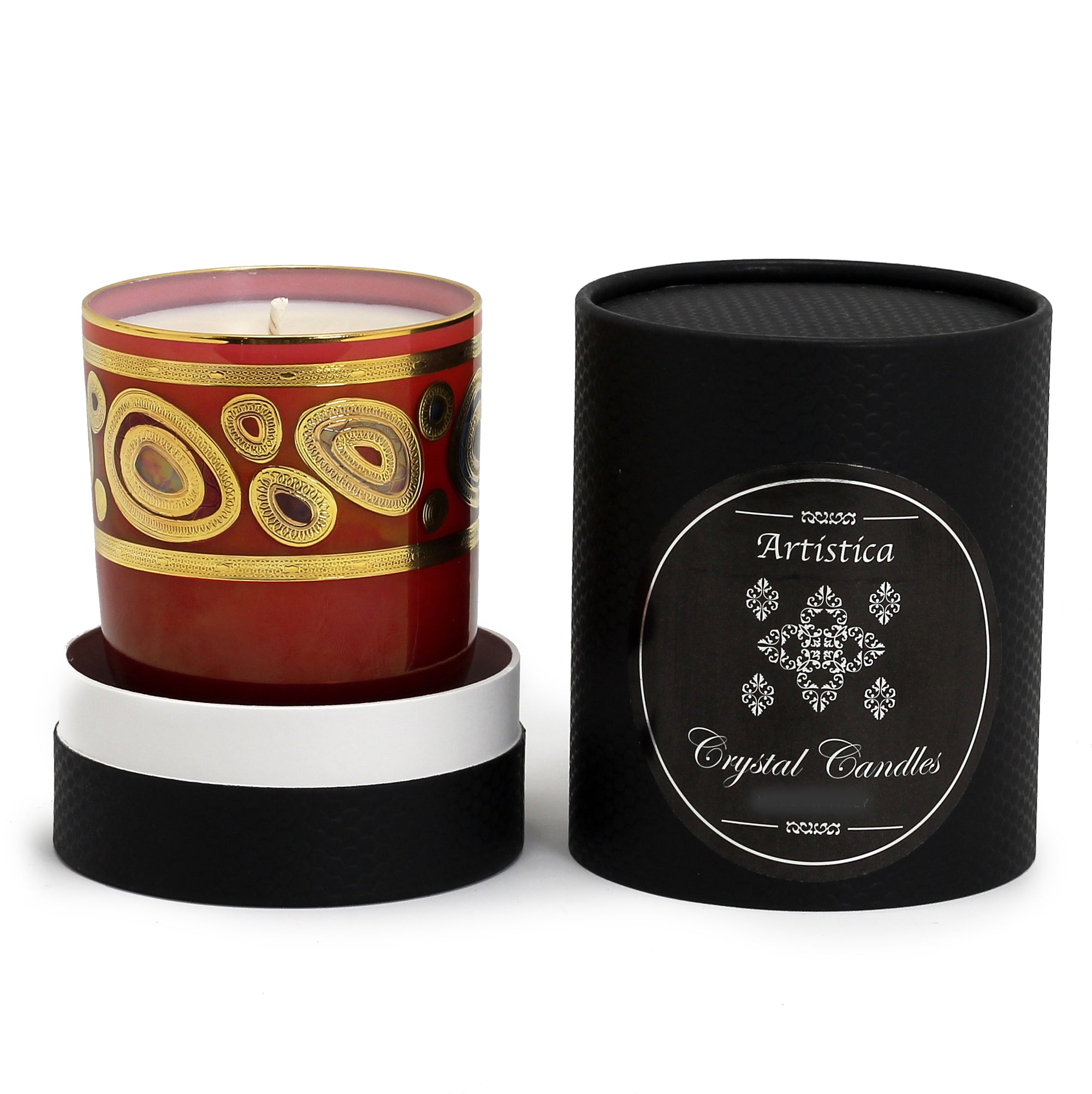 CRYSTAL CANDLES: Regalia Design candle with 14 Carats Gold finish Orange Glass  ~ (10 Oz) - Artistica.com