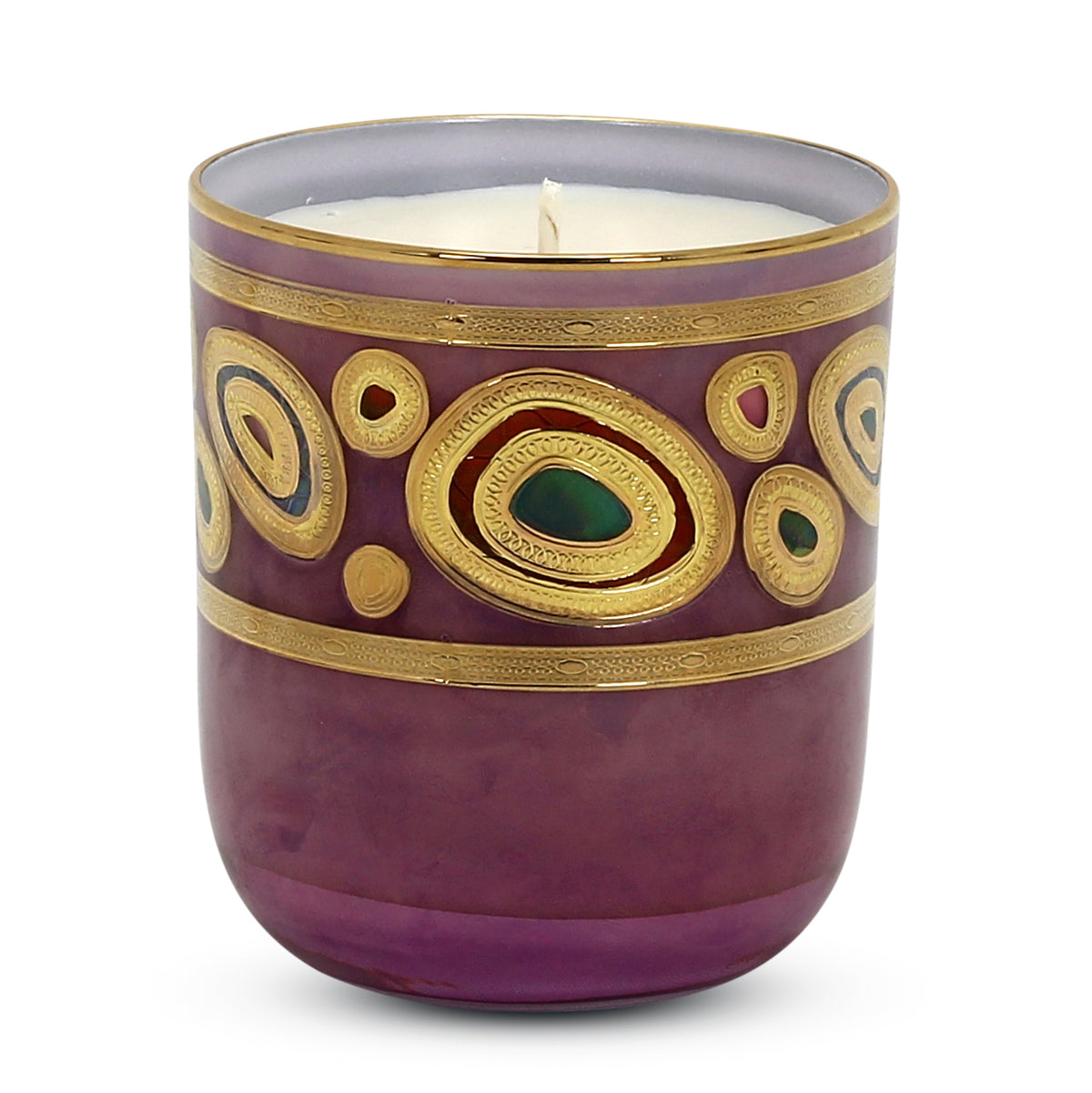 CRYSTAL CANDLES: Regalia Design candle with 14 Carats Gold finish Purple Glass  ~ (10 Oz) - Artistica.com