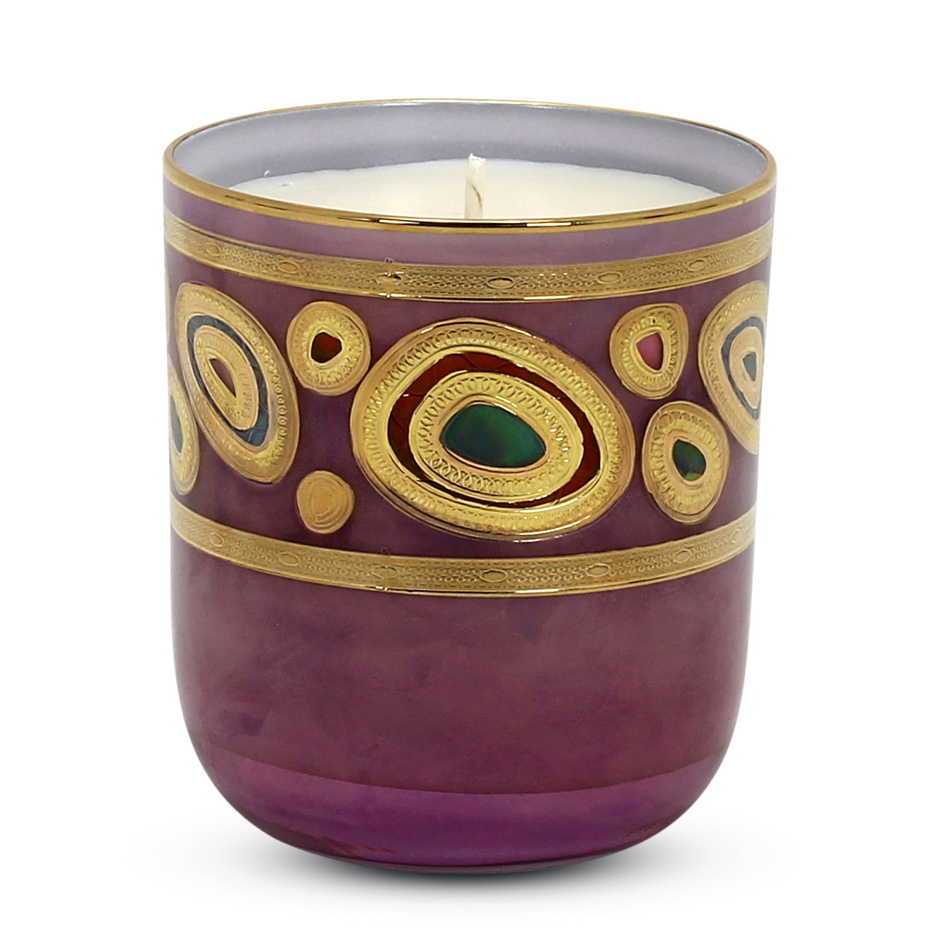 CRYSTAL CANDLES: Regalia Design candle with 14 Carats Gold finish Purple Glass  ~ (10 Oz) - Artistica.com