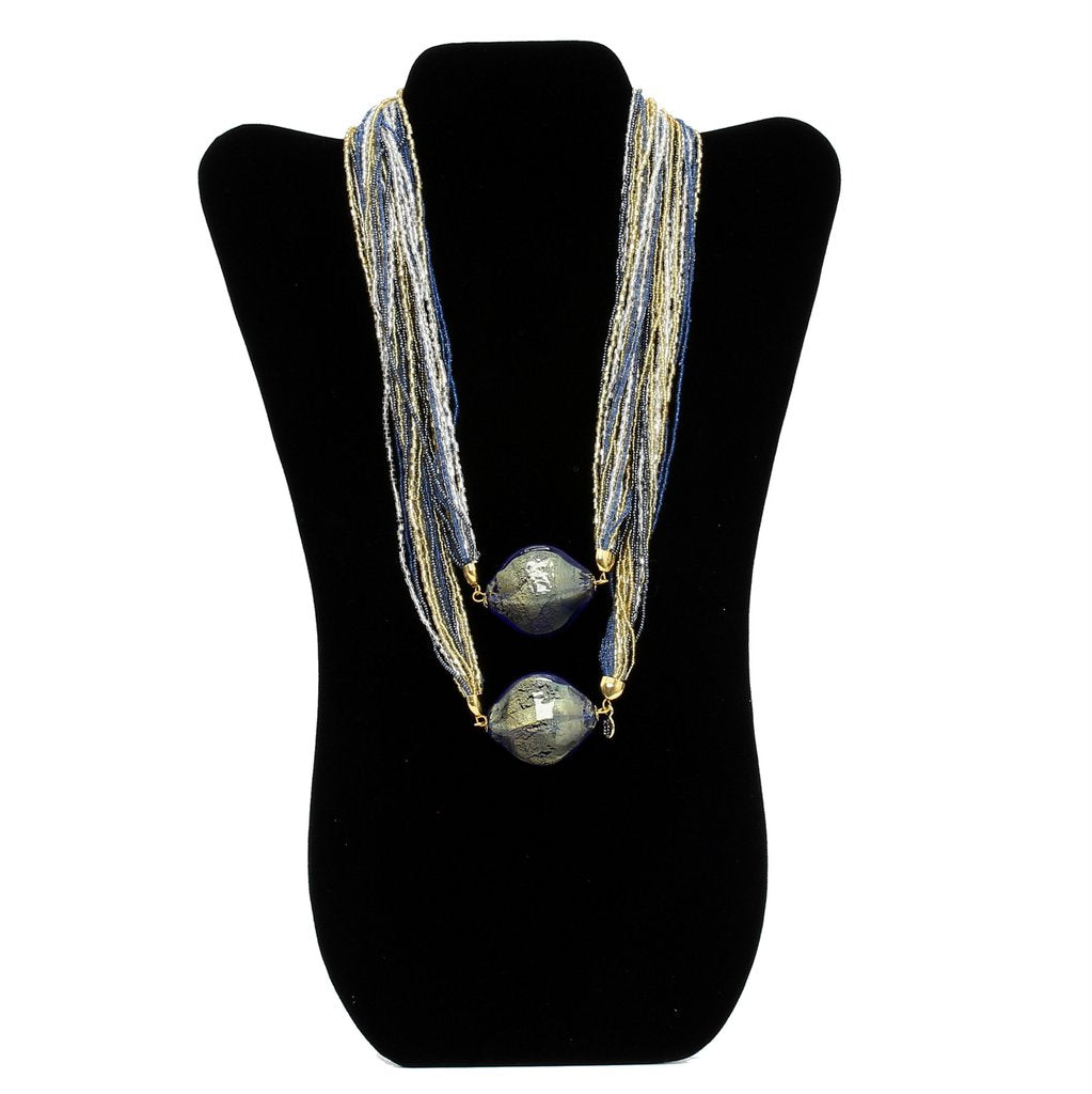 MURANO MURRINA: Hand Blown Murano Glass seed beads Necklace Doge - BLUE and GOLD - Artistica.com