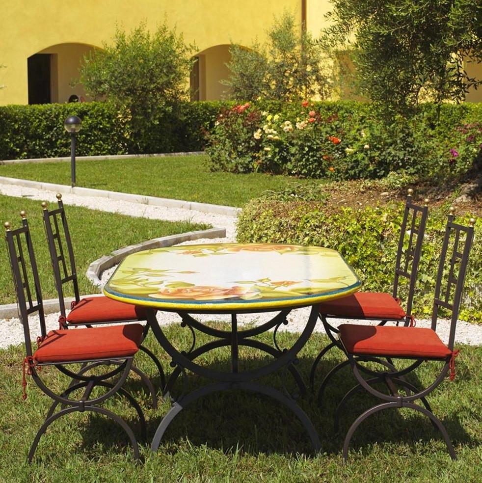 CERAMIC STONE TABLE + IRON BASE: COLONIA Design^ - Hand Painted in Deruta, Italy. - Artistica.com