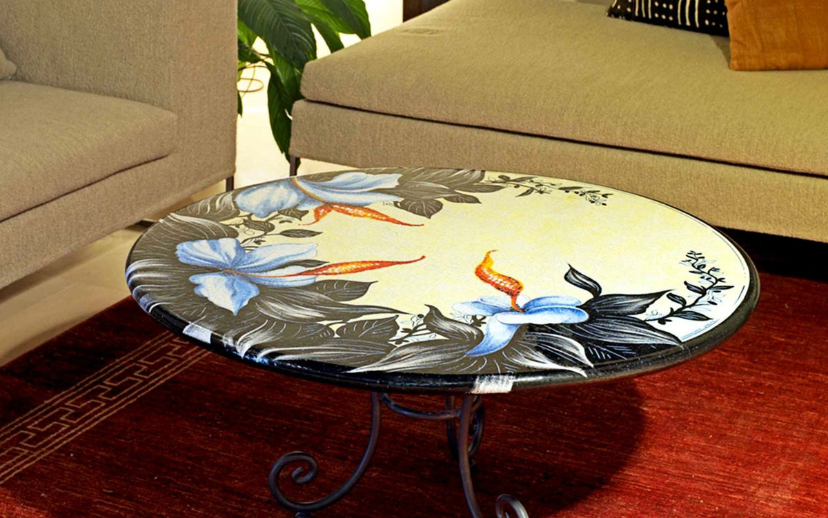 CERAMIC STONE TABLE + IRON BASE: CRACOVIA Design - Hand Painted in Deruta, Italy. - Artistica.com