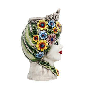 CALTAGIRONE: Sicilian Moorish Head Vase - Woman with Spring flowers (Medium 12" H.) - Artistica.com