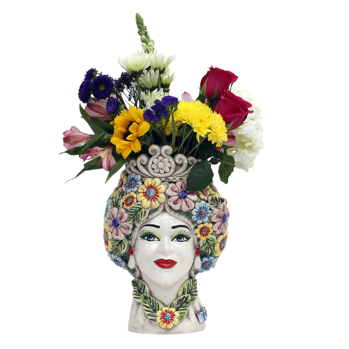 CALTAGIRONE: Sicilian Moorish Head Vase - Woman with Spring flowers (Medium 12" H.) - Artistica.com