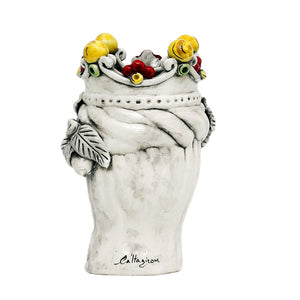 CALTAGIRONE: Sicilian Moorish Head Vase - Man with Crown & off white fruit (Medium 11" H.) - Artistica.com