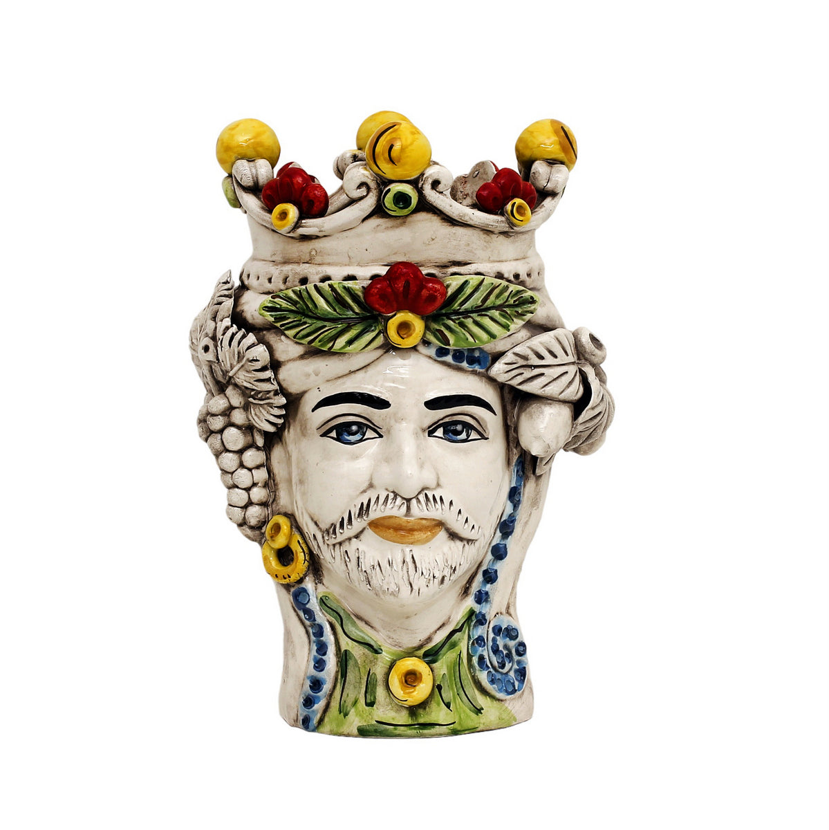 CALTAGIRONE: Sicilian Moorish Head Vase - Man with Crown &amp; off white fruit (Medium 11&quot; H.) - Artistica.com