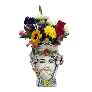 CALTAGIRONE: Sicilian Moorish Head Vase - SET OF TWO - Woman with Crown & Fruit (Medium 11" H.) - Artistica.com