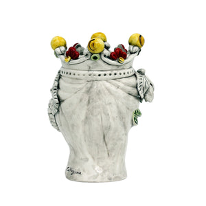 CALTAGIRONE: Sicilian Moorish Head Vase - Woman with Crown & off white fruit (Medium 11" H.) - Artistica.com