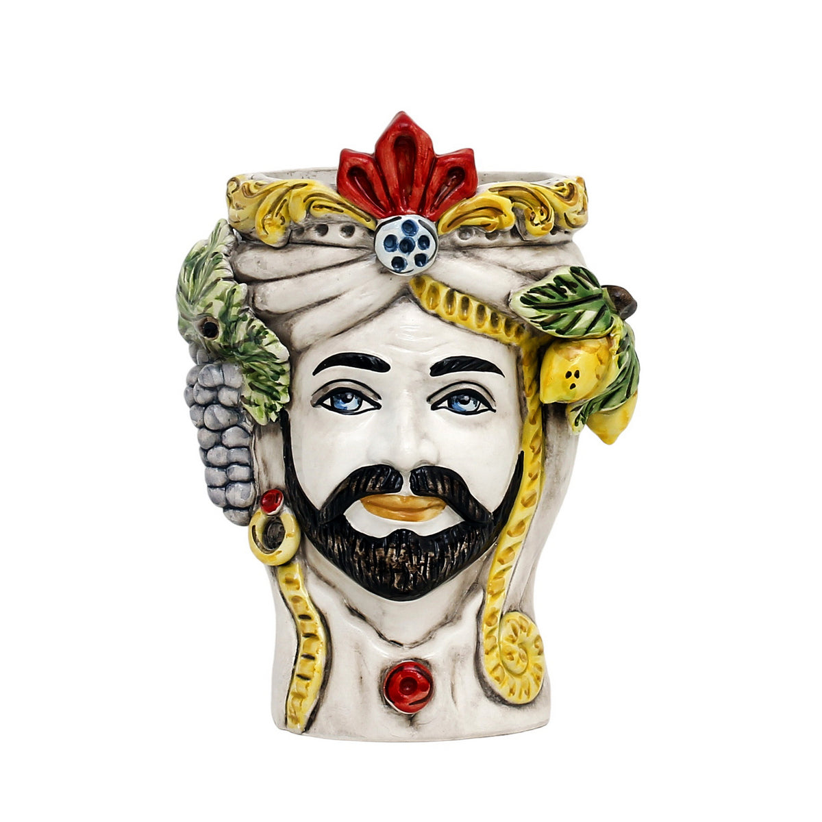 CALTAGIRONE: Sicilian Moorish Head Vase - Man with grape & lemon decorations (Medium 10" H.) - Artistica.com