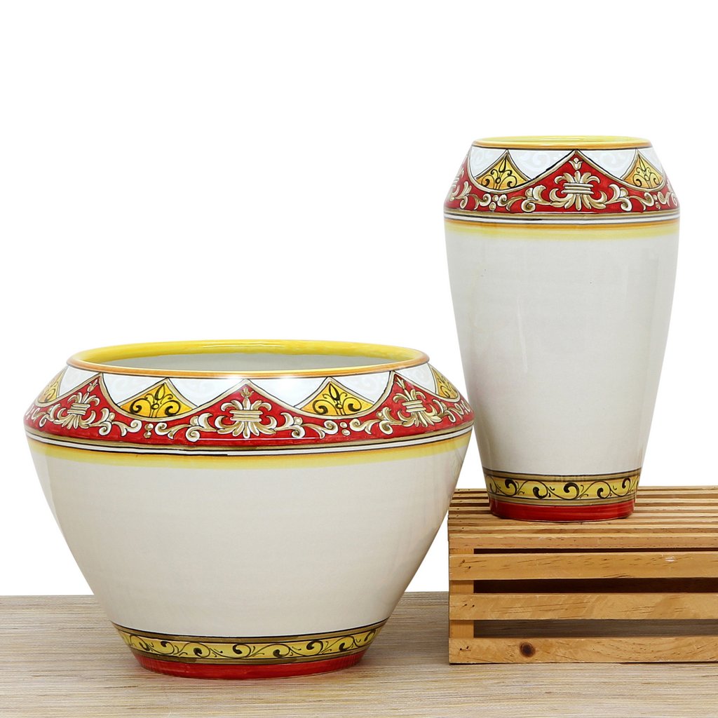 DERUTA BELLA: Cachepot/Centerpiece - Red, Gold, White Design - (Premium Masterpiece by Francesca Niccacci) - Artistica.com