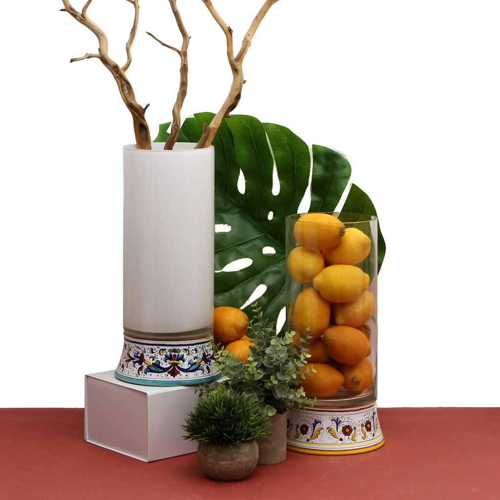 DERUTA BELLA VETRO: Cylindrical Glass Vase on ceramic base PERUGINO design - WHITE Glass - Artistica.com