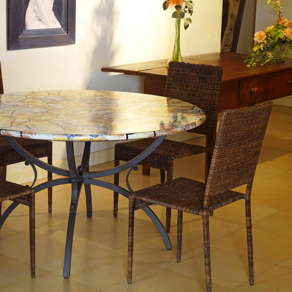 CERAMIC STONE TABLE + IRON BASE: DUBLINO Design - Hand Painted in Deruta, Italy. - Artistica.com