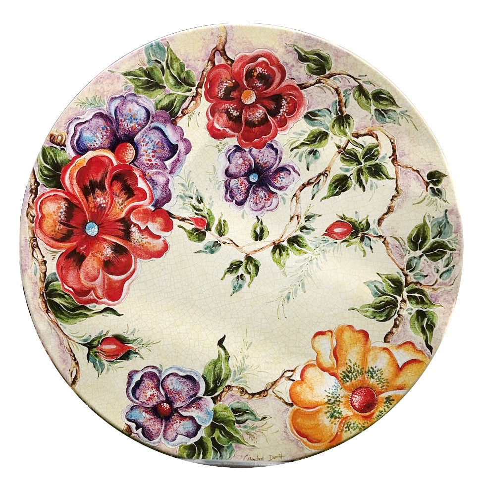 CERAMIC STONE TABLE + IRON BASE: FLOWER Design^ - Hand Painted - Artistica.com