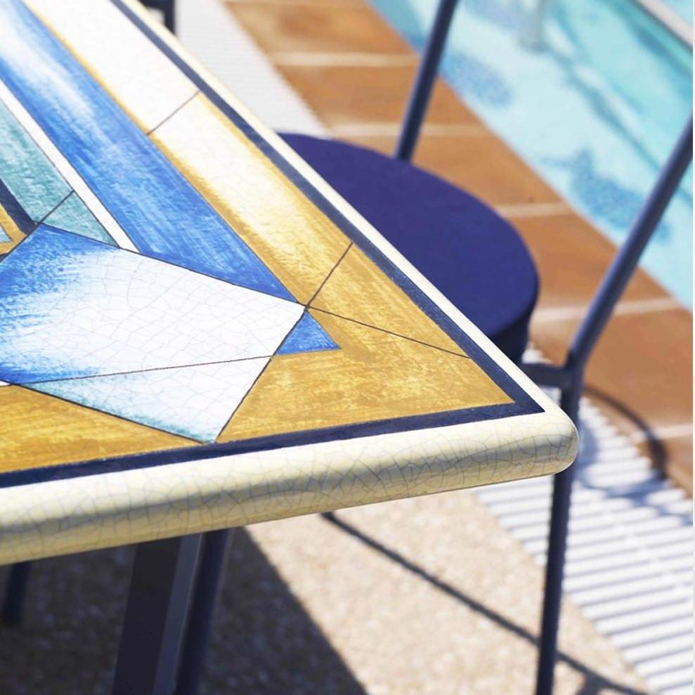 CERAMIC STONE TABLE + IRON BASE: FRANCOFORTE Design - Hand Painted in Deruta, Italy. - Artistica.com