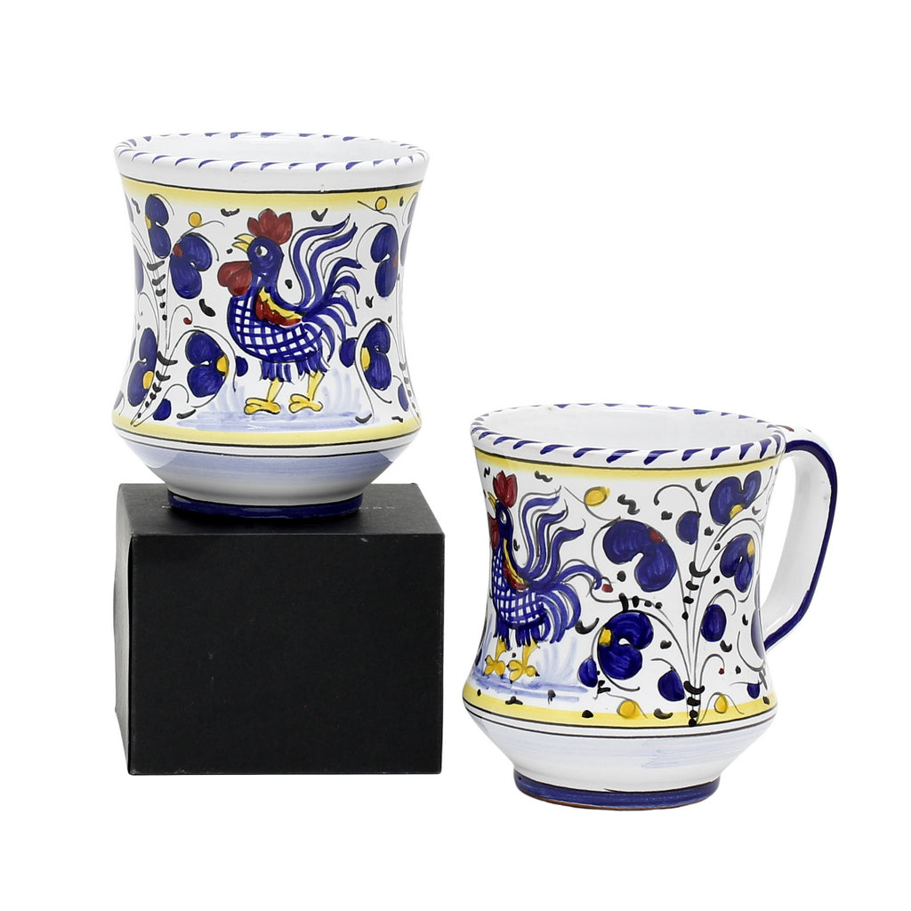 GIFT BOX: With two Deruta Mugs - ORVIETO BLUE ROOSTER Concave Design - Artistica.com