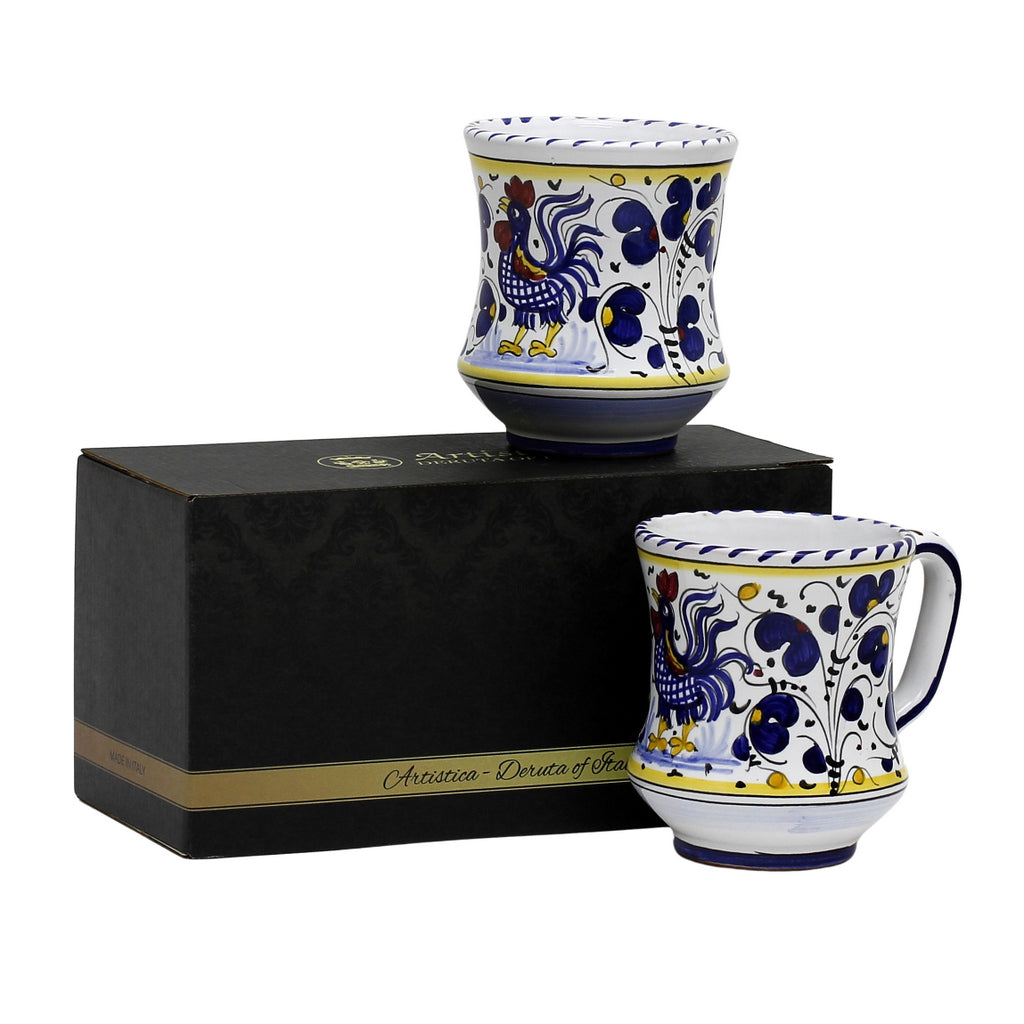 GIFT BOX: With two Deruta Mugs - ORVIETO BLUE ROOSTER Concave Design - Artistica.com