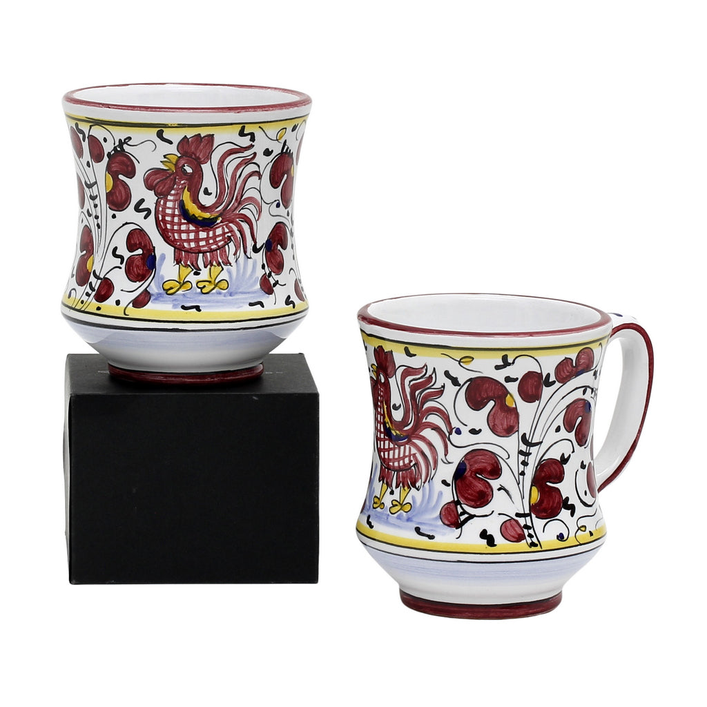 GIFT BOX: With two Deruta Mugs - ORVIETO RED ROOSTER Concave Design - Artistica.com