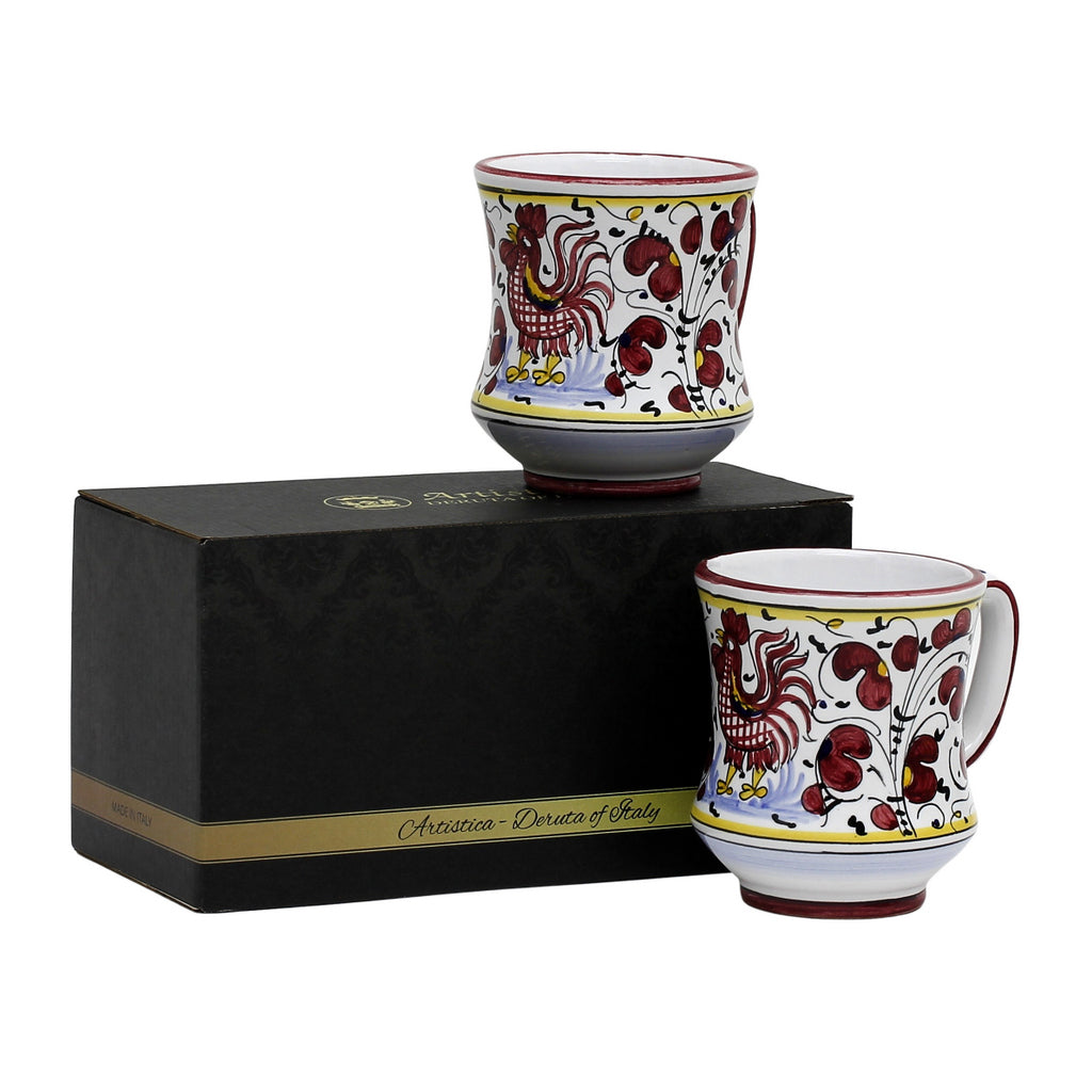GIFT BOX: With two Deruta Mugs - ORVIETO RED ROOSTER Concave Design - Artistica.com