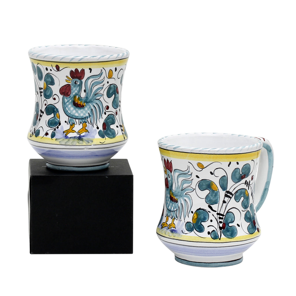 GIFT BOX: With two Deruta Mugs - ORVIETO GREEN ROOSTER Concave Design - Artistica.com