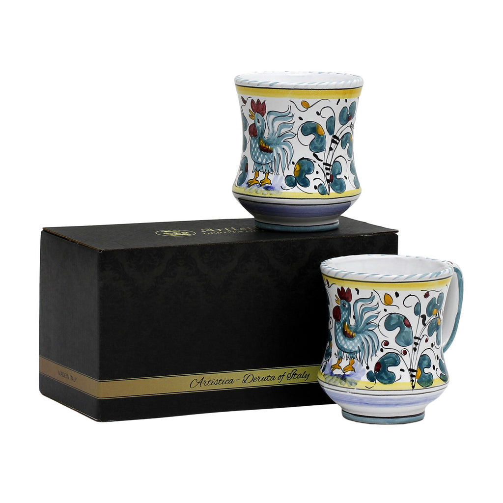 GIFT BOX: With two Deruta Mugs - ORVIETO GREEN ROOSTER Concave Design - Artistica.com