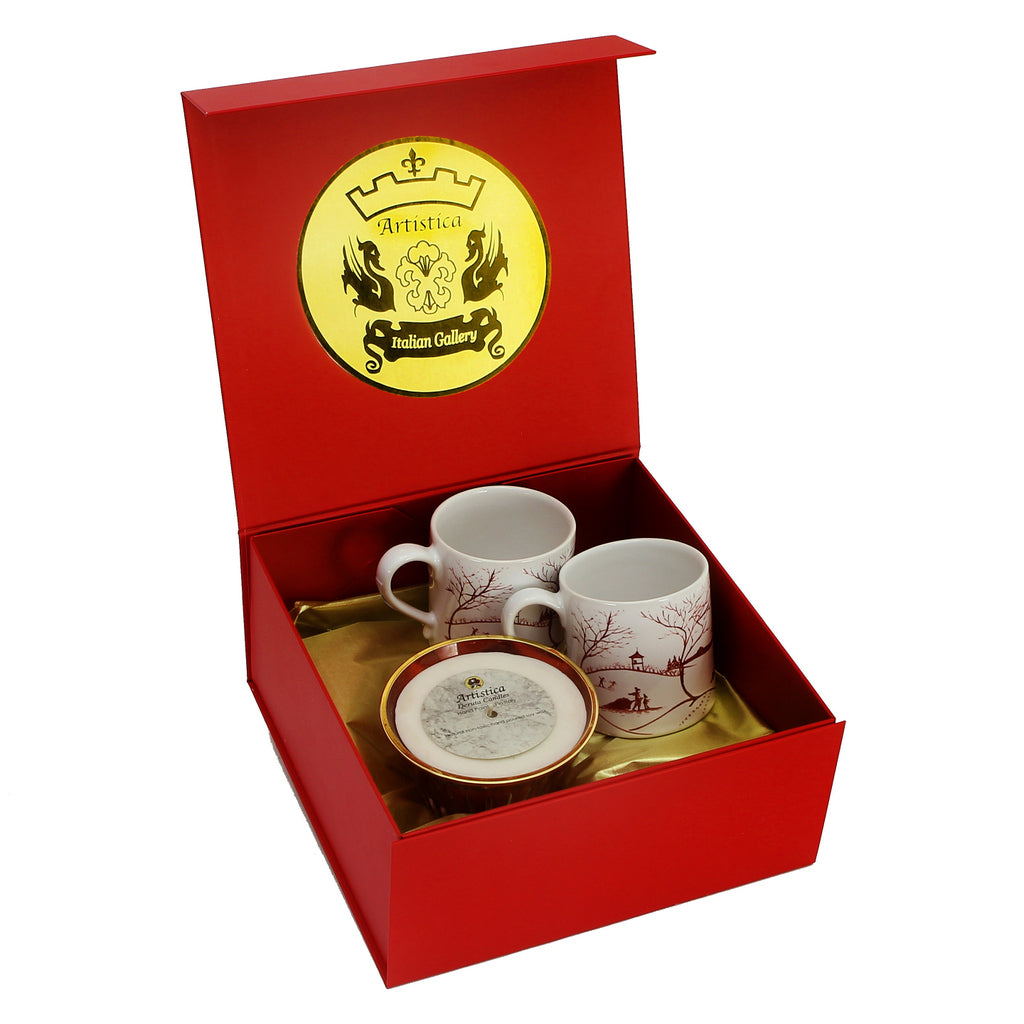 GIFT BOX: DeLuxe Glossy Red Gift Box with two Juliska mugs and a Crystal unscented candle. - Artistica.com