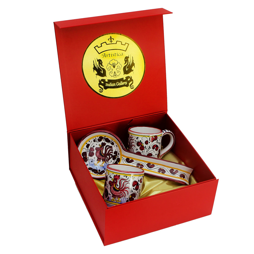 GIFT BOX: DeLuxe Glossy Red Gift Box with two Deruta Mugs and a Spoon Rest - Artistica.com