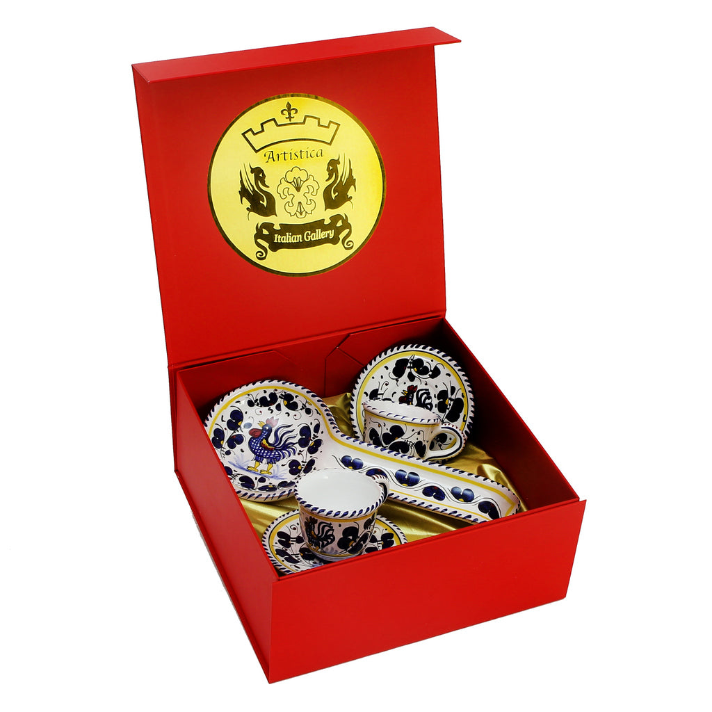 GIFT BOX: DeLuxe Glossy Red Gift Box with two Deruta Espresso Cup and Saucer and a Spoon Rest - Artistica.com