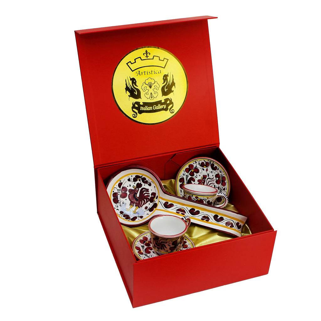 GIFT BOX: DeLuxe Glossy Red Gift Box with two Deruta Espresso Cup and Saucer and a Spoon Rest - Artistica.com