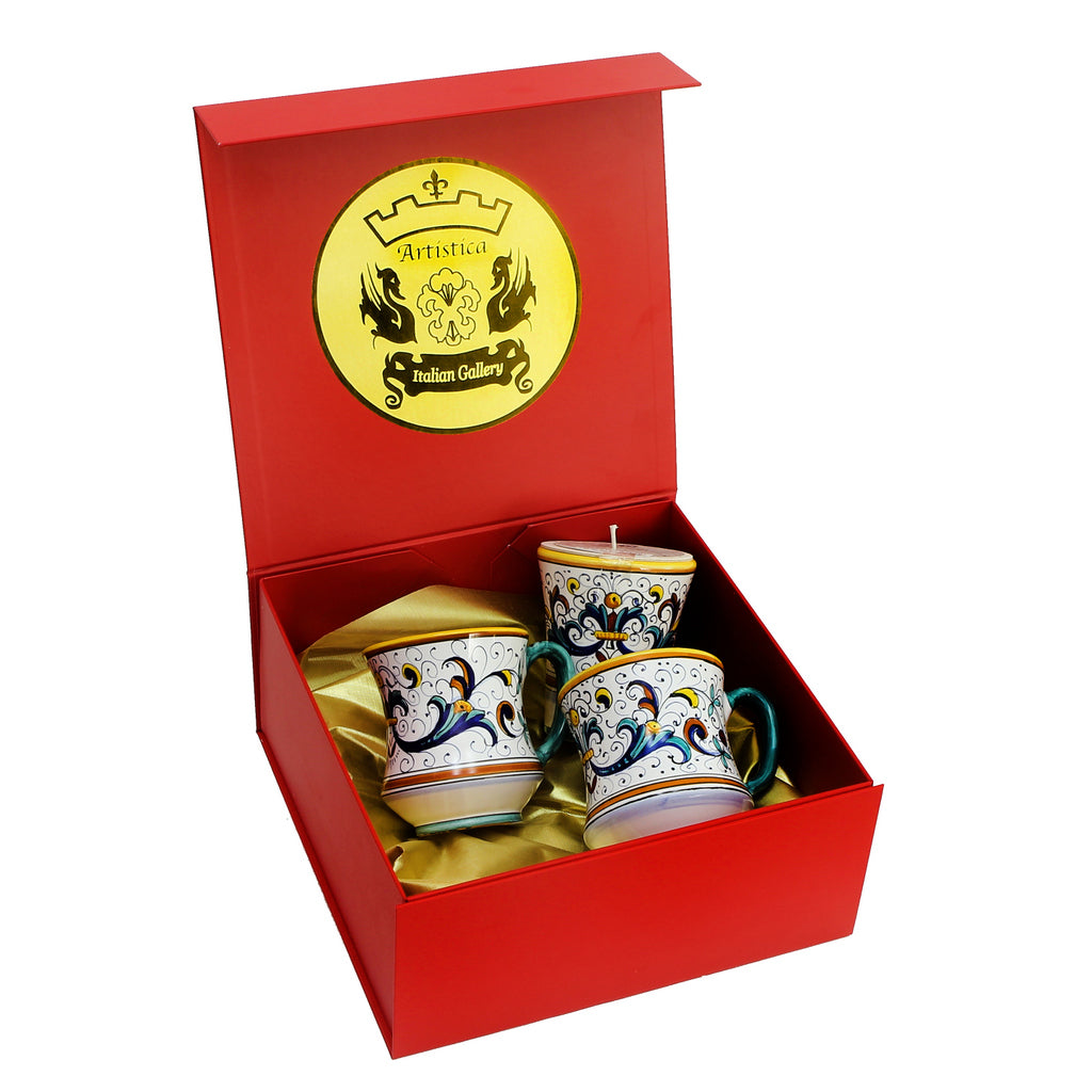 GIFT BOX: DeLuxe Glossy Red Gift Box with Two Mugs and One Ricco Deruta Candle - Artistica.com