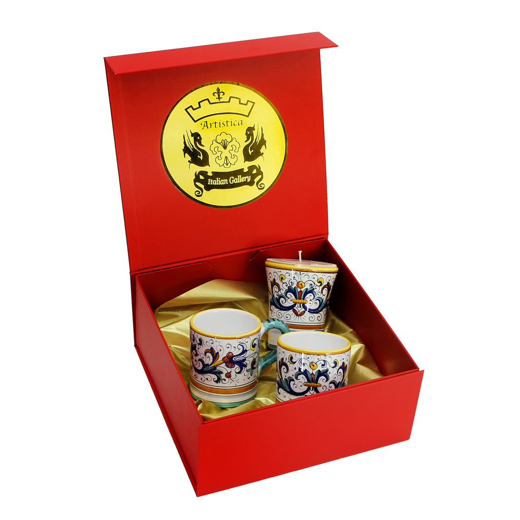 GIFT BOX: DeLuxe Glossy Red Gift Box with Two Mugs and One Ricco Deruta Candle - Artistica.com