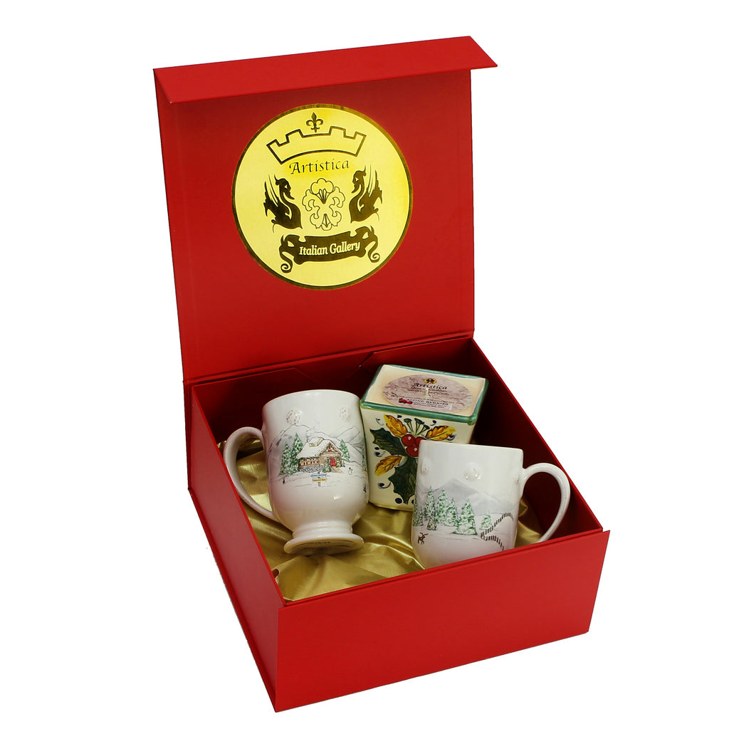 GIFT BOX: DeLuxe Glossy Red Gift Box with Two Juliska Christmas Mugs and One Square Deruta Candle - Artistica.com