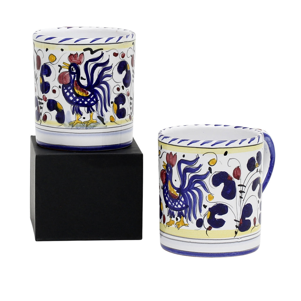 GIFT BOX: With two Deruta Mugs - ORVIETO BLUE ROOSTER Design - Artistica.com